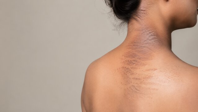 Close-up of dark skin woman back with dry rough texture and flaky peeling skin detail