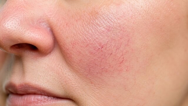 Closeup of adult person's cheek with visible broken capillary vein and red sensitive skin texture
