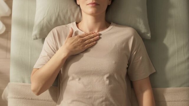 Woman practices gentle self lymphatic drainage massage across her upper chest with one hand while lying on a cushioned bed at home, demonstrating a wellness, body care, and recovery routine.