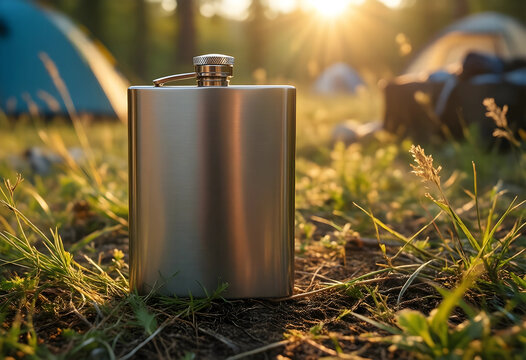 Adventure travel and outdoor lifestyle, stainless steel hip flask resting on forest ground at sunset with camping tents in the background for hiking