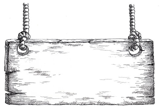 Wooden sign hanging from two ropes. Hand-drawn ink illustration of a wooden sign held by two strings.