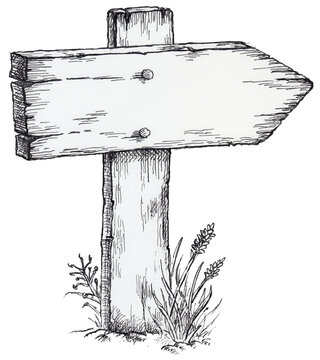 Wooden arrow-shaped sign. Hand-drawn ink illustration of an old arrow-shaped sign.