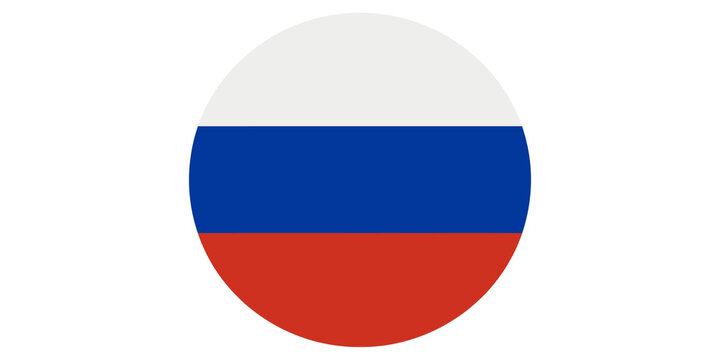Russian flag represented as a circular emblem with white blue and red stripes.