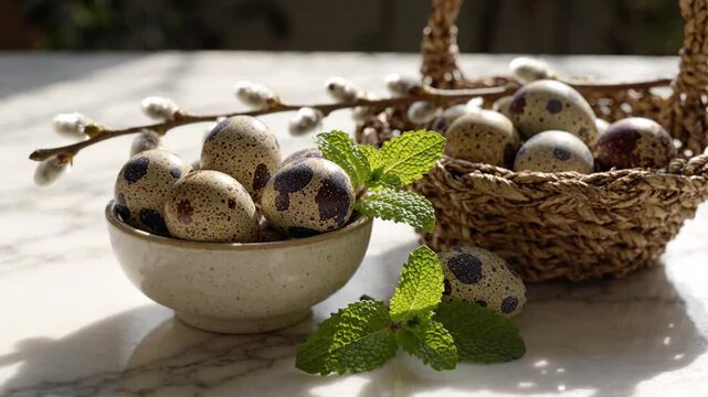 Easter Quail Eggs in Basket with Mint and Pussy Willow Branches