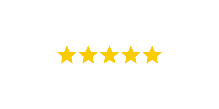 Five yellow star rating icon on transparent background for product review.