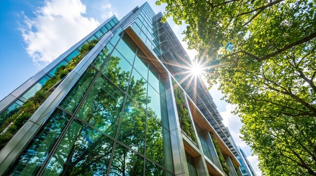 Low angle view of a modern glass skyscraper with vertical gardens with office building vertical under bright sunlight gardens solar panels eco friendly high rise sustainability