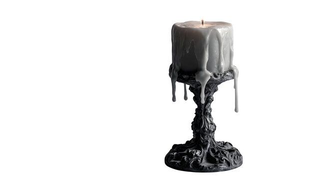Black candlestick with burning candle isolated on white background, elegant candle holder with flame, wax and warm candlelight for holiday and celebration decoration