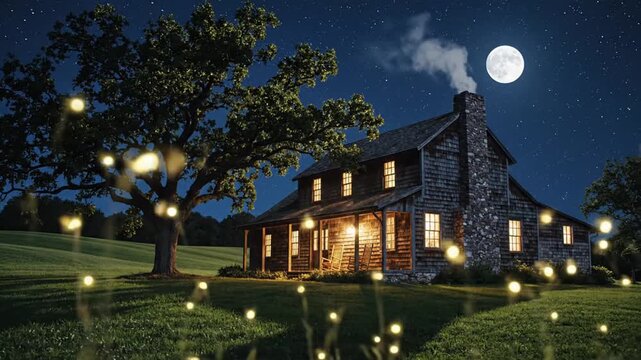 Enchanting Cottage at Night with Full Moon and Fireflies