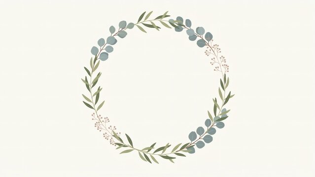 A circular wreath made of green eucalyptus leaves and thin branches on a beige background with frame composed illustrated eucalyptus foliage slender