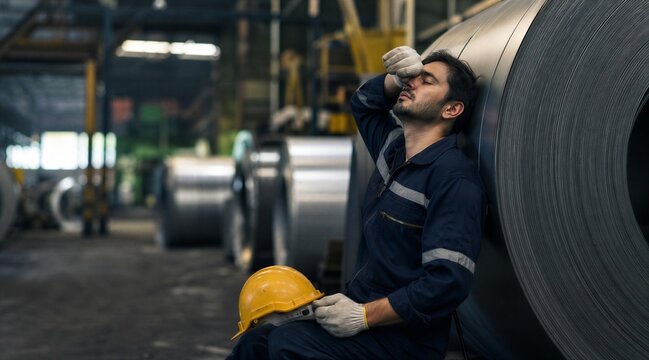 Exhausted Factory Worker Resting by Steel Coils in Plant