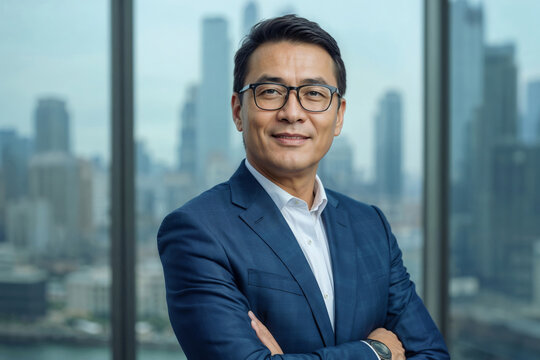 Confident Asian man stands with arms crossed. Urban skyline looms behind him. Professional demeanor radiates assurance. Ideal for corporate or leadership imagery