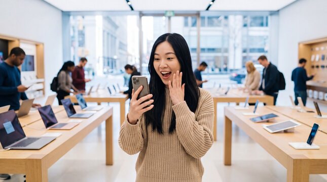 Asian woman excitedly holds smartphone while shopping in modern electronics store with laptops and tablets displayed on wooden tables