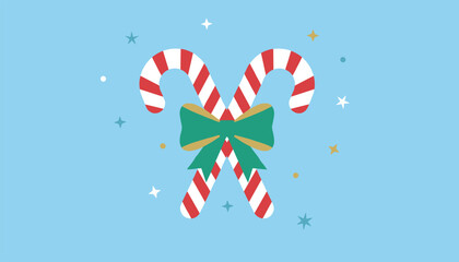 Obraz premium Two crossed Christmas candy canes with a green bow in the center on a blue background decorated with twinkling stars.