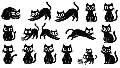 Fototapeta premium Pattern sheet containing black cartoon cat silhouettes in multiple playful, active, and sleeping poses on a white background.