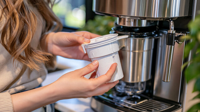 Close crop of a person carefully fitting a fresh water filter cartridge into a coffee machine's removable water reservoir, hands centered in the frame, face completely excluded, subtle water droplet