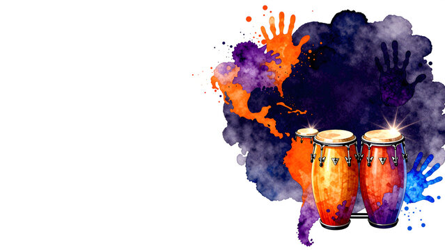 Vibrant conga drums with abstract watercolor paint splashes and handprints illustration