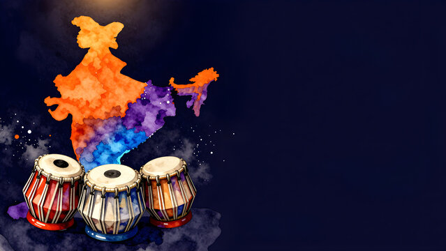 Colorful watercolor map of India with traditional tablas illustration