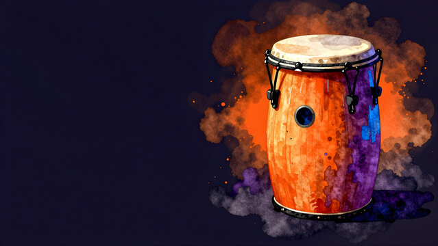 Colorful conga drum with watercolor paint splash effect illustration