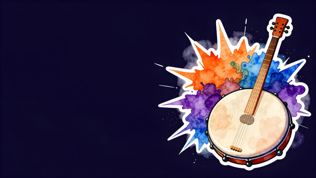 Banjo with colorful watercolor splash on dark background illustration