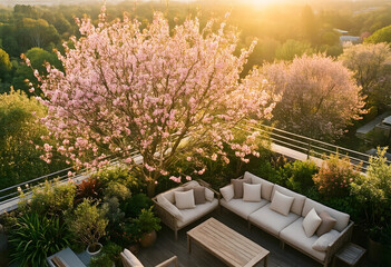 Obraz premium Springtime relaxation and urban wellness, rooftop terrace with blooming cherry blossom tree and comfortable outdoor furniture at sunset in the city