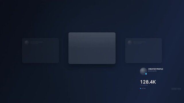A premium, dark-themed digital HUD animation featuring a sophisticated glassmorphism social media interface. The layout showcases a "CREATOR PROFILE" focal card stacked in front of two secondary blurr
