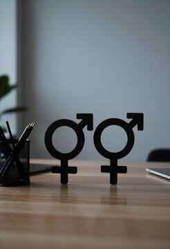 Gender equality and diversity in the workplace, male and female symbols on a desk corporate inclusion and equal opportunity in business