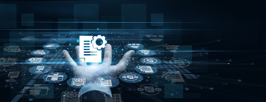 Office manager handhold Document Management icon sorting virtual file cabinets. Administrator using software analyzing cloud storage retrieval and organized enterprise data. Smart file system.