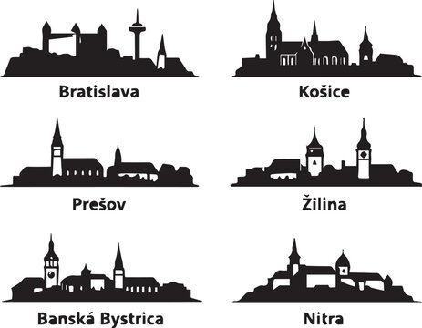 Set of six slovak city skylines featuring famous landmarks and historical buildings in a minimalist black silhouette