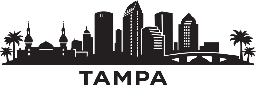 Minimalist graphic design featuring the iconic city skyline of tampa florida rendered in a clean black silhouette