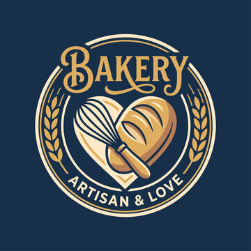 This charming bakery logo features a heart entwined with a whisk and loaf, symbolizing the love and care involved in baking artisanal goods for all to enjoy.