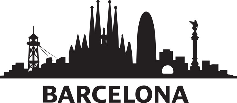 Minimalist graphic design featuring the famous city skyline of barcelona spain presented as a black artistic silhouette
