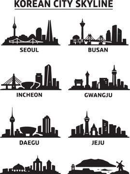 Set of famous korean city skylines featuring iconic buildings and landmarks presented in a minimalist black silhouette