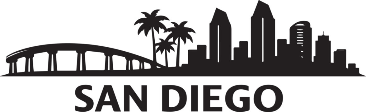 Black and white graphic illustration of the san diego city skyline featuring a distinctive minimalist urban silhouette