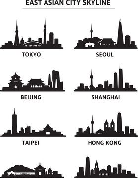 Collection of famous east asian city skylines featuring a minimalist black and white graphic design silhouette