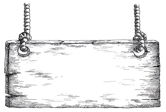 Wooden sign hanging from two ropes. Hand-drawn ink illustration of a wooden sign held by two strings.