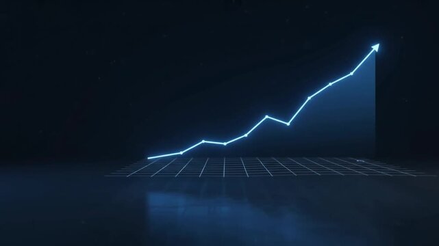 Glowing blue line graph showing an upward trend and growth on a dark background.