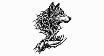 Obraz premium Surreal Wolf Head with Tree Roots Resting on a Human Hand