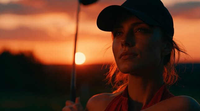 A woman wearing a cap and red top holds a golf club against a sunset background.