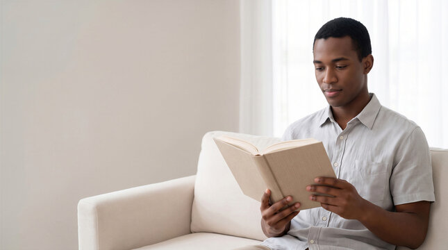 Focused young African American man reading a book while sitting on couch at home