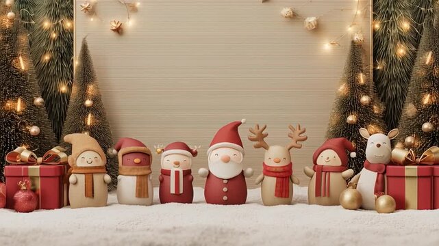 AI generated video of a cheerful Christmas family dancing with Santa Claus, reindeer, and playful elves, the whole company celebrating together surrounded by sparkling gifts and festive magic.