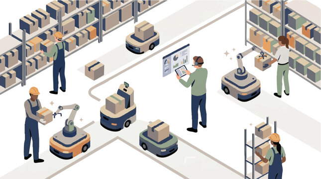 Efficient automated warehouse scene with robotic carts and workers organizing packages, concept for logistics management, supply chain optimization, and smart factory implementation