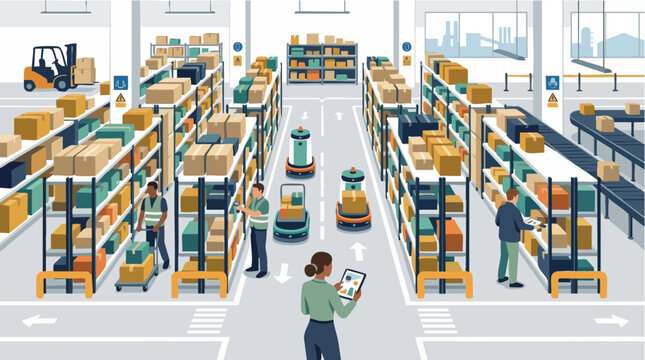 Modern automated warehouse interior with robotic assistance and workers managing inventory, concept for logistics optimization, supply chain management, and smart factory implementation