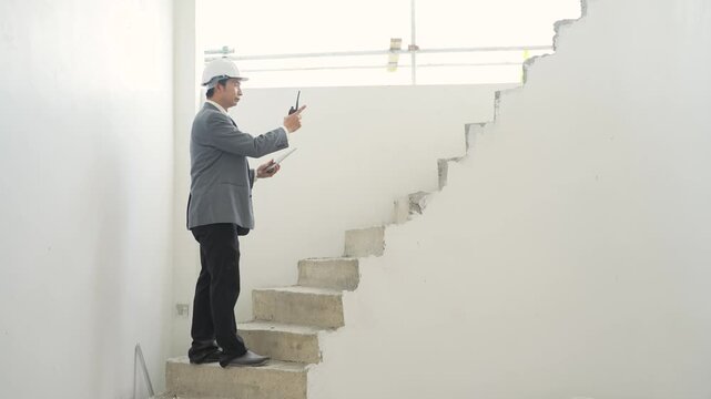 Construction engineer reviewing tablet while inspecting unfinished staircase, civil engineering, structural assessment, building inspection, project supervision, site management.