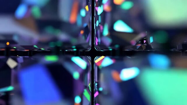 Colorful geometric shapes transition through a vibrant display, showcasing intricate patterns and reflections in a dynamic arrangement of crystalline forms