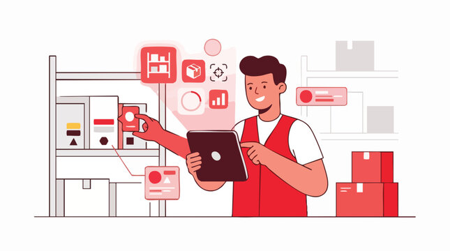 Focused warehouse worker managing digital inventory system on tablet, concept for logistics optimization, supply chain management, and smart factory implementation