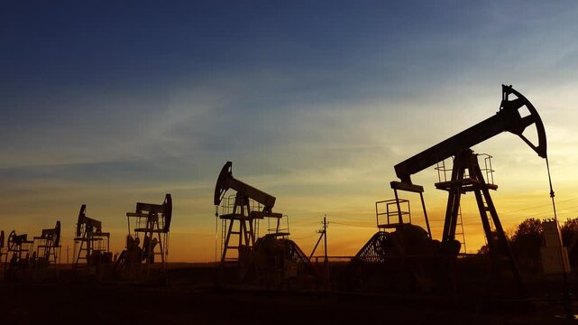 View of multiple oil pump jacks silhouetted against a vibrant sunset sky in Russia.