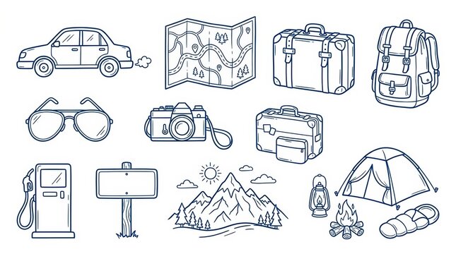 Set of handdrawn travel and camping icons isolated on white background