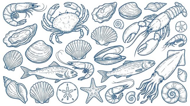 Hand drawn seafood and marine life collection isolated on white background