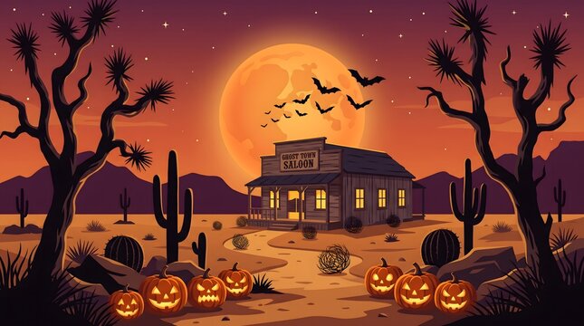 Spooky desert halloween scene with haunted western saloon jack o lanterns flock of bats full moon halloween background pixel art jack o lantern bats flying pixel illustration
