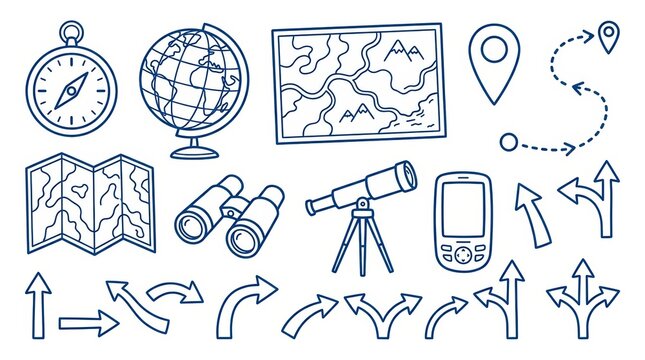 Set of handdrawn travel and navigation icons isolated on white background